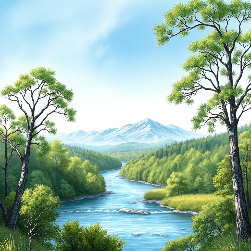 A beautifully enhanced version of a sketch featuring a serene landscape with gently flowing rivers, lush green forests, and distant mountains under a clear blue sky
