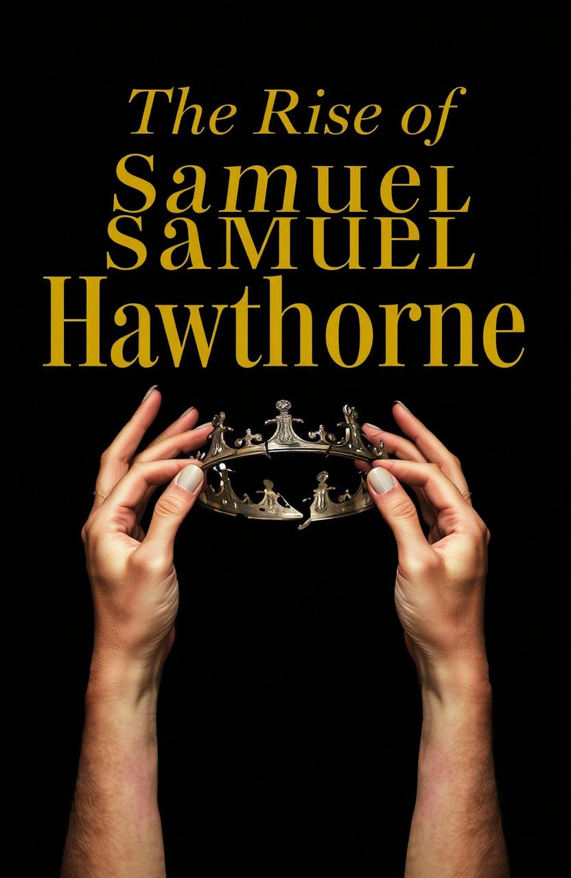 Two hands delicately holding a broken crown, symbolizing power and loss, against a deep black background