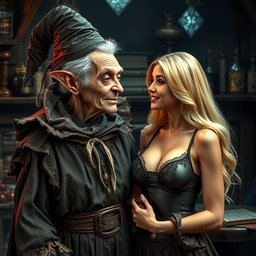 A realistic depiction of a monstrous, unattractive, thin elderly woman with dwarfism, dressed in an elaborate medieval witch costume, looking affectionately at a young blonde woman with large breasts wearing a stylish bra