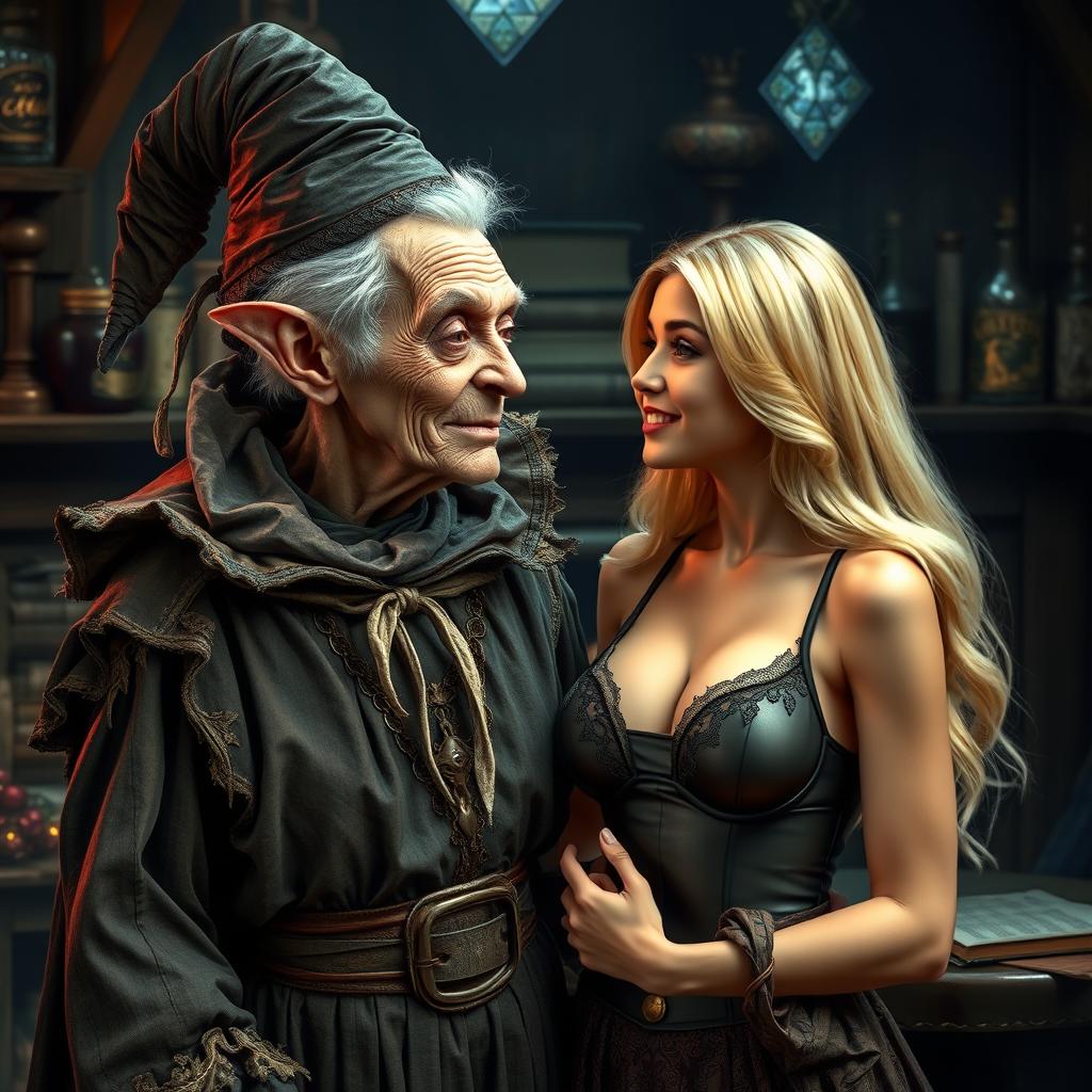 A realistic depiction of a monstrous, unattractive, thin elderly woman with dwarfism, dressed in an elaborate medieval witch costume, looking affectionately at a young blonde woman with large breasts wearing a stylish bra