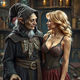 A realistic depiction of a monstrous, unattractive, thin elderly woman with dwarfism, dressed in an elaborate medieval witch costume, looking affectionately at a young blonde woman with large breasts wearing a stylish bra