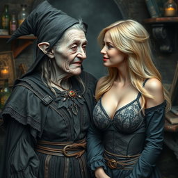 A realistic depiction of a monstrous, unattractive, thin elderly woman with dwarfism, dressed in an elaborate medieval witch costume, looking affectionately at a young blonde woman with large breasts wearing a stylish bra