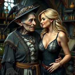 A realistic depiction of a monstrous, unattractive, thin elderly woman with dwarfism, dressed in an elaborate medieval witch costume, looking affectionately at a young blonde woman with large breasts wearing a stylish bra