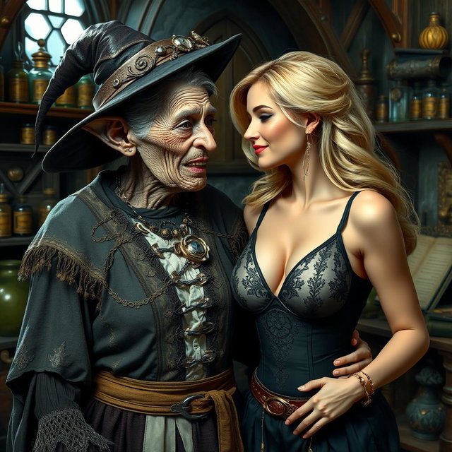 A realistic depiction of a monstrous, unattractive, thin elderly woman with dwarfism, dressed in an elaborate medieval witch costume, looking affectionately at a young blonde woman with large breasts wearing a stylish bra