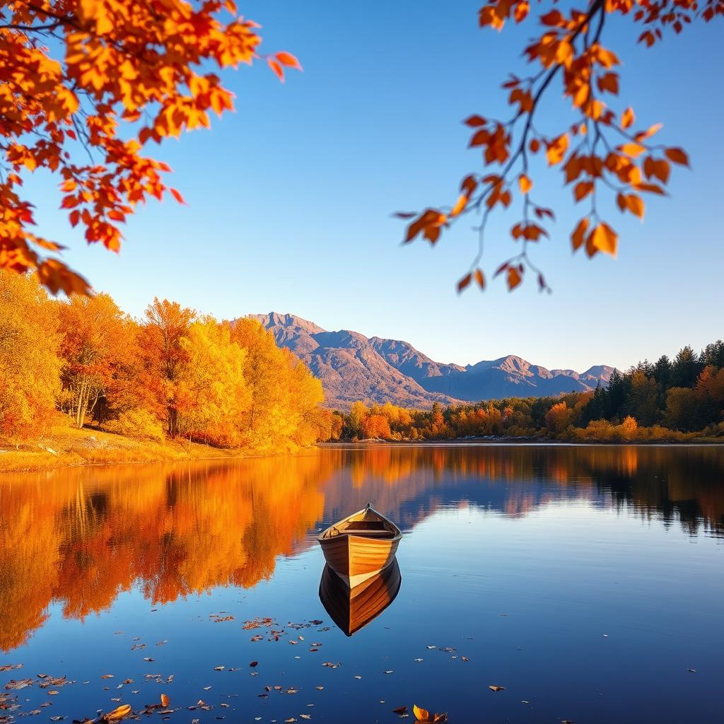 A serene landscape featuring vibrant autumn trees with orange, yellow, and red leaves, reflecting beautifully on a calm lake