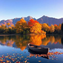A serene landscape featuring vibrant autumn trees with orange, yellow, and red leaves, reflecting beautifully on a calm lake