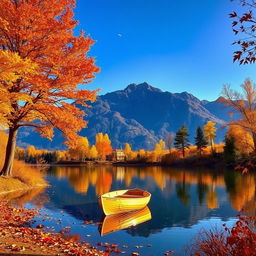 A serene landscape featuring vibrant autumn trees with orange, yellow, and red leaves, reflecting beautifully on a calm lake