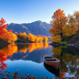 A serene landscape featuring vibrant autumn trees with orange, yellow, and red leaves, reflecting beautifully on a calm lake
