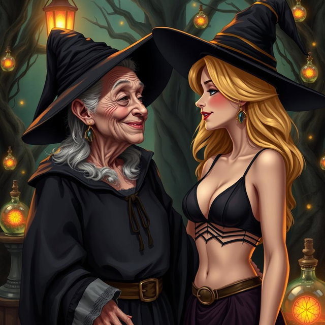 A realistic illustration of an unattractive, thin elderly woman dressed in a classic witch costume, with a warm and affectionate expression as she gazes lovingly at a young blonde woman who has large breasts and is wearing a stylish bra