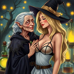 A realistic illustration of an unattractive, thin elderly woman dressed in a classic witch costume, with a warm and affectionate expression as she gazes lovingly at a young blonde woman who has large breasts and is wearing a stylish bra