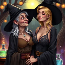 A realistic illustration of an unattractive, thin elderly woman dressed in a classic witch costume, with a warm and affectionate expression as she gazes lovingly at a young blonde woman who has large breasts and is wearing a stylish bra