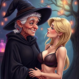 A realistic illustration of an unattractive, thin elderly woman dressed in a classic witch costume, with a warm and affectionate expression as she gazes lovingly at a young blonde woman who has large breasts and is wearing a stylish bra