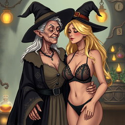 A realistic illustration of an unattractive, thin elderly woman dressed in a classic witch costume, looking affectionately at a young blonde woman with large breasts wearing a stylish bra