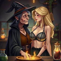 A realistic illustration of an unattractive, thin elderly woman dressed in a classic witch costume, looking affectionately at a young blonde woman with large breasts wearing a stylish bra