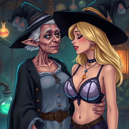 A realistic illustration of an unattractive, thin elderly woman dressed in a classic witch costume, looking affectionately at a young blonde woman with large breasts wearing a stylish bra