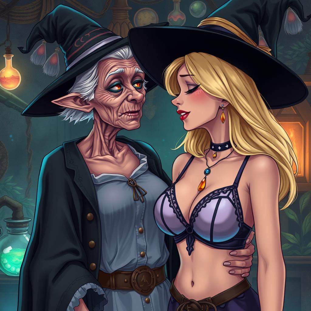 A realistic illustration of an unattractive, thin elderly woman dressed in a classic witch costume, looking affectionately at a young blonde woman with large breasts wearing a stylish bra