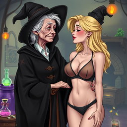 A realistic illustration of an unattractive, thin elderly woman dressed in a classic witch costume, looking affectionately at a young blonde woman with large breasts wearing a stylish bra