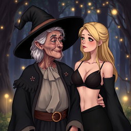 A realistic illustration of an unattractive, thin elderly woman dressed in a classic witch costume, gazing affectionately at a young blonde woman with large breasts wearing a stylish bra