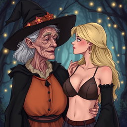 A realistic illustration of an unattractive, thin elderly woman dressed in a classic witch costume, gazing affectionately at a young blonde woman with large breasts wearing a stylish bra