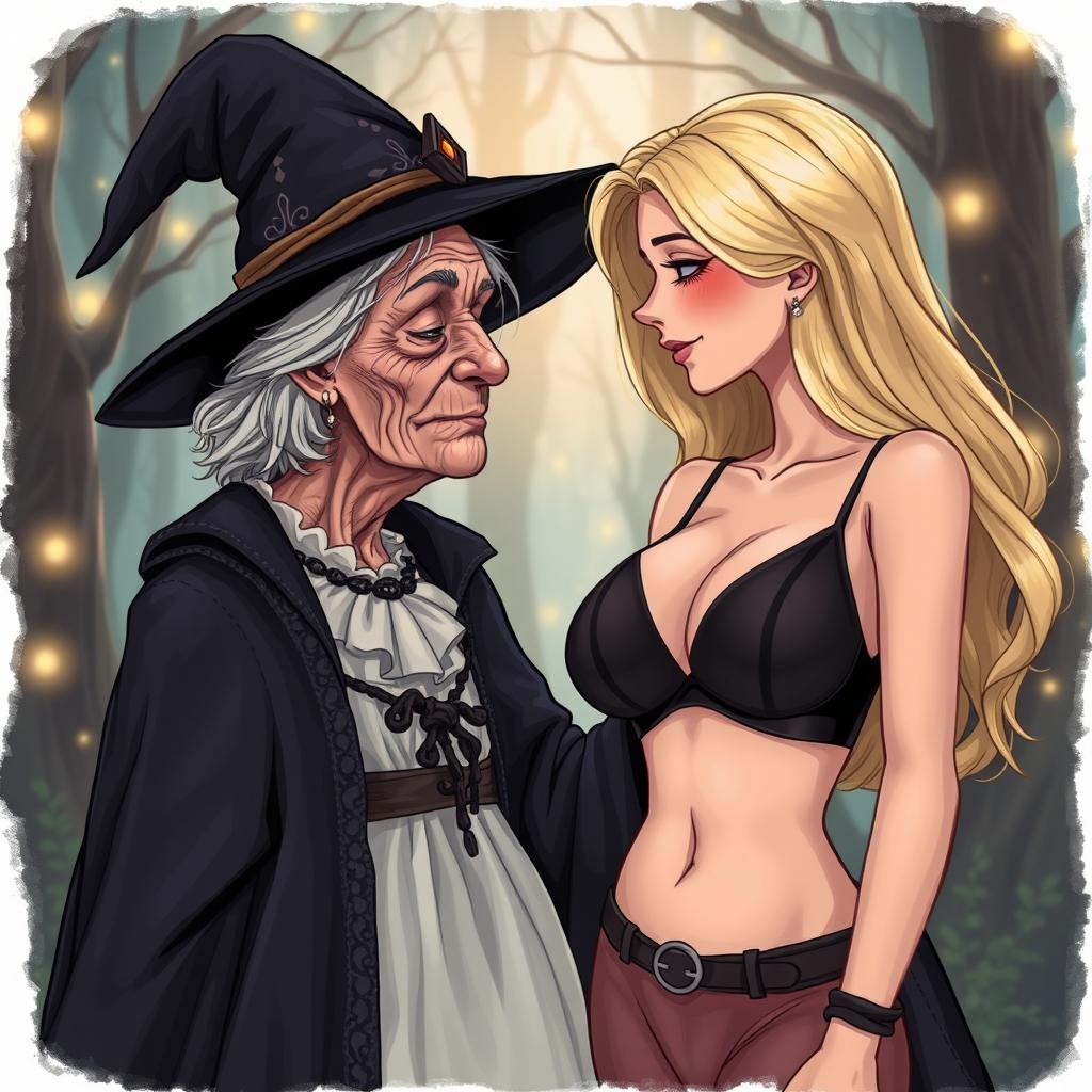 A realistic illustration of an unattractive, thin elderly woman dressed in a classic witch costume, gazing affectionately at a young blonde woman with large breasts wearing a stylish bra