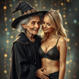 A realistic depiction of an unattractive, thin elderly woman dressed in a classic witch costume, expressing affection towards a young blonde woman with large breasts wearing a fashionable bra