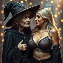 A realistic depiction of an unattractive, thin elderly woman dressed in a classic witch costume, expressing affection towards a young blonde woman with large breasts wearing a fashionable bra