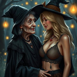 A realistic depiction of an unattractive, thin elderly woman dressed in a traditional witch costume, expressing love towards a young blonde woman with large breasts in a fashionable bra