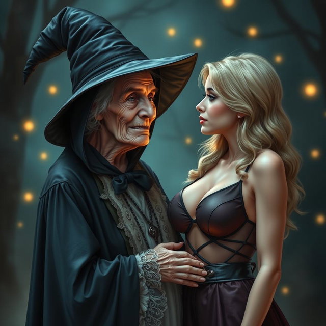 A realistic depiction of an unattractive, thin elderly woman dressed in a traditional witch costume, expressing love towards a young blonde woman with large breasts in a fashionable bra