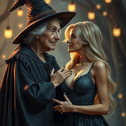 A realistic depiction of an unattractive, thin elderly woman dressed in a traditional witch costume, expressing love towards a young blonde woman with large breasts in a fashionable bra