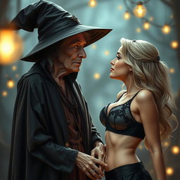 A realistic depiction of an unattractive, thin elderly woman dressed in a traditional witch costume, expressing love towards a young blonde woman with large breasts in a fashionable bra