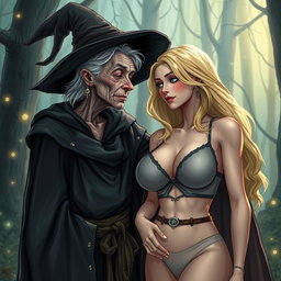 A realistic illustration of an unattractive, thin elderly woman dressed in a classic witch costume, affectionately gazing at a young blonde woman with extremely large breasts, prominently featured in a stylish bra