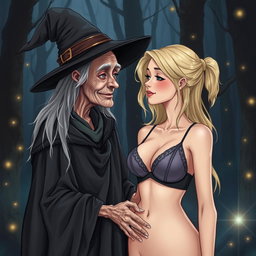 A realistic illustration of an unattractive, thin elderly woman dressed in a classic witch costume, affectionately gazing at a young blonde woman with extremely large breasts, prominently featured in a stylish bra