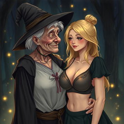 A realistic illustration of an unattractive, thin elderly woman dressed in a classic witch costume, affectionately gazing at a young blonde woman with extremely large breasts, prominently featured in a stylish bra