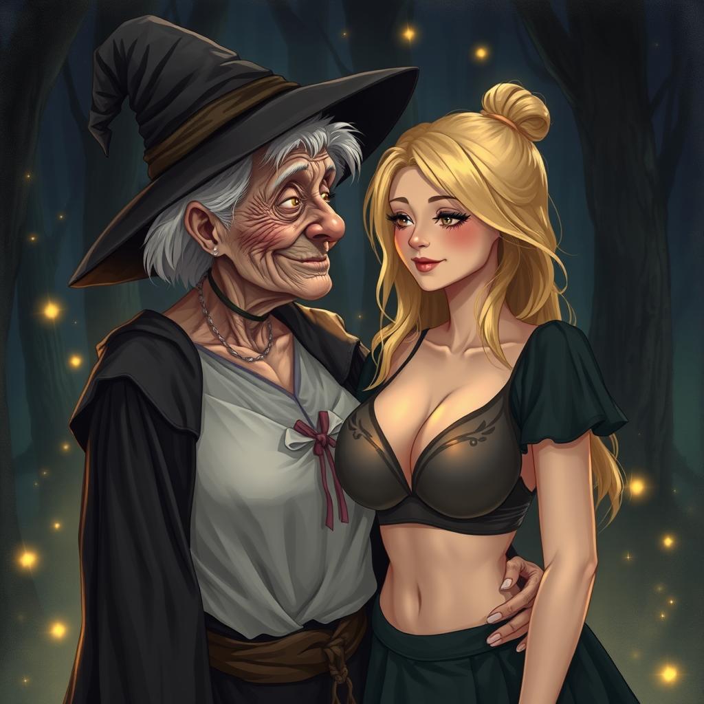 A realistic illustration of an unattractive, thin elderly woman dressed in a classic witch costume, affectionately gazing at a young blonde woman with extremely large breasts, prominently featured in a stylish bra