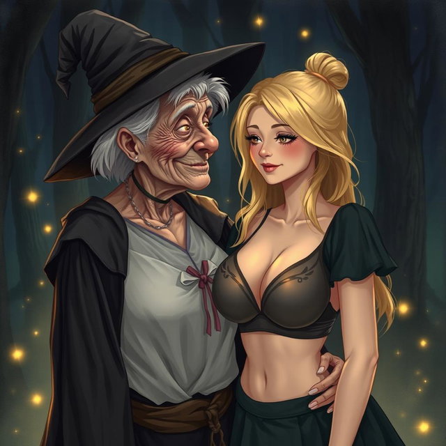 A realistic illustration of an unattractive, thin elderly woman dressed in a classic witch costume, affectionately gazing at a young blonde woman with extremely large breasts, prominently featured in a stylish bra