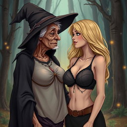 A realistic illustration of an unattractive, thin elderly woman dressed in a classic witch costume, affectionately gazing at a young blonde woman with extremely large breasts, prominently featured in a stylish bra
