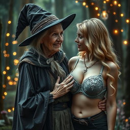 A realistic portrayal of an unattractive, thin elderly woman dressed in a traditional witch costume, showing affection towards a young blonde woman with extremely large breasts in an eye-catching bra