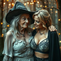 A realistic portrayal of an unattractive, thin elderly woman dressed in a traditional witch costume, showing affection towards a young blonde woman with extremely large breasts in an eye-catching bra
