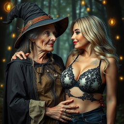 A realistic portrayal of an unattractive, thin elderly woman dressed in a traditional witch costume, showing affection towards a young blonde woman with extremely large breasts in an eye-catching bra