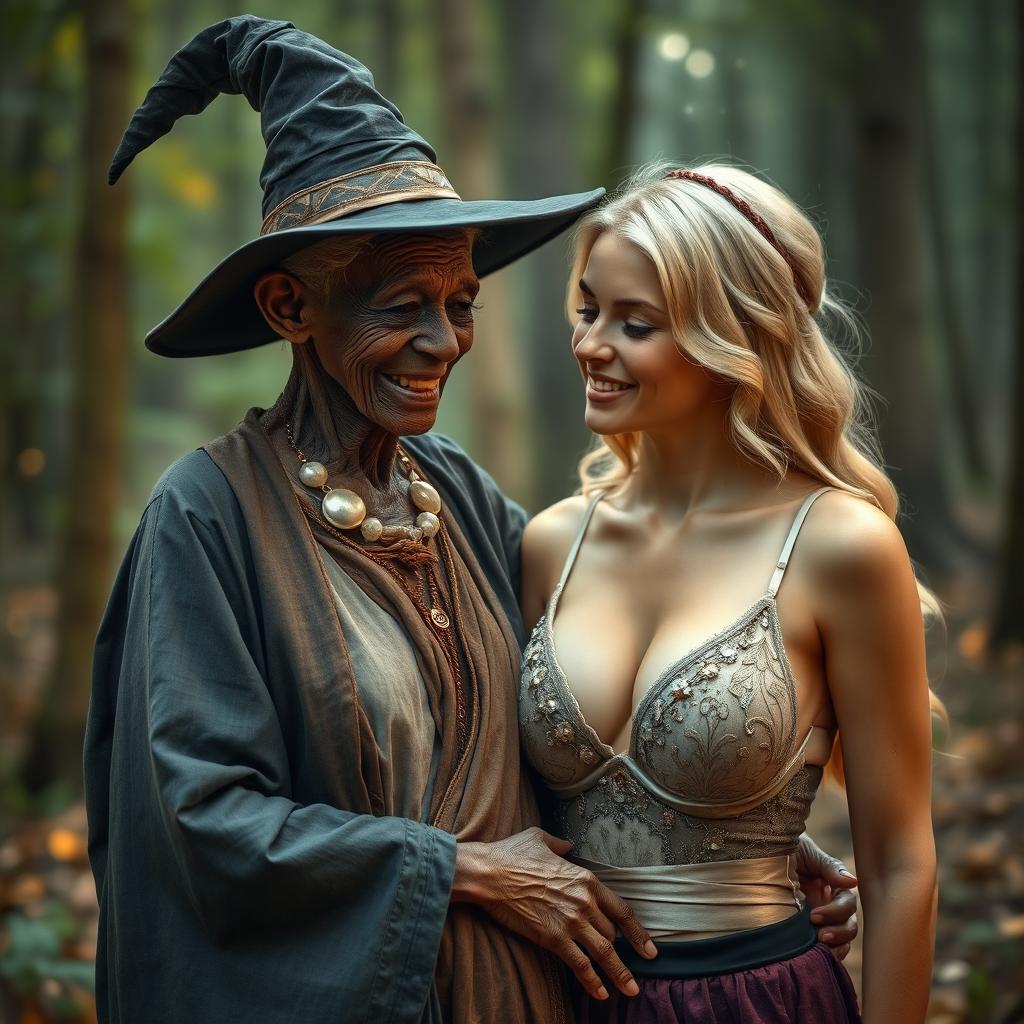 A realistic portrayal of a 100-year-old unattractive, extremely thin African woman dressed as a traditional witch, showing affection towards a young blonde woman with exceptionally large breasts, prominently featured in an elegant bra