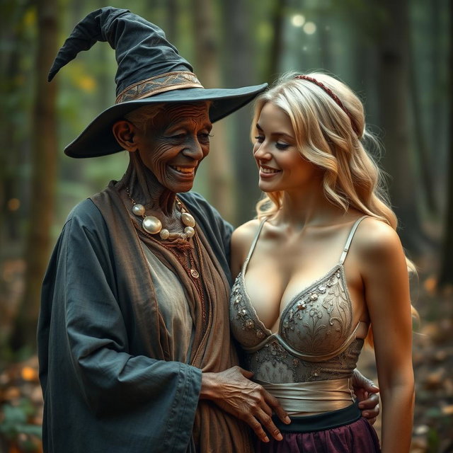 A realistic portrayal of a 100-year-old unattractive, extremely thin African woman dressed as a traditional witch, showing affection towards a young blonde woman with exceptionally large breasts, prominently featured in an elegant bra