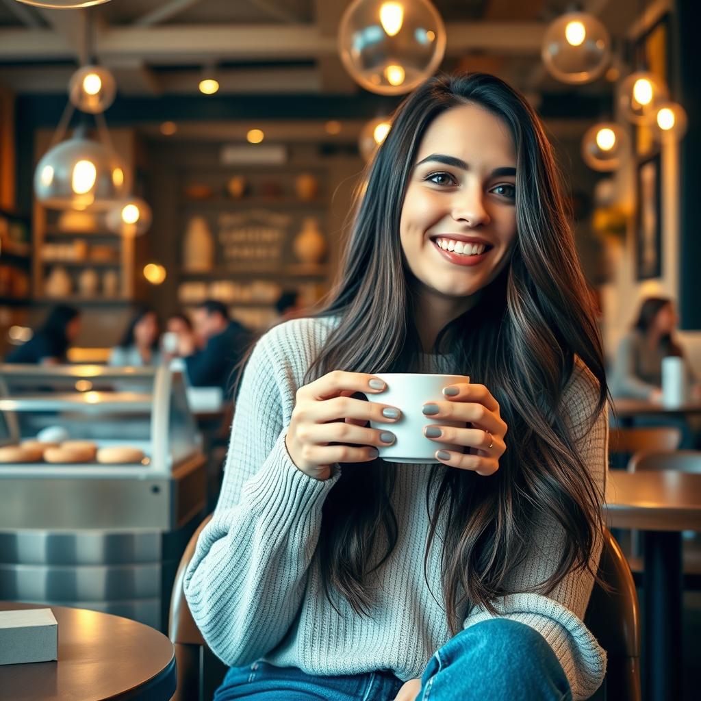 A 23-year-old brunette woman sitting in a cozy café, enjoying a warm cup of coffee