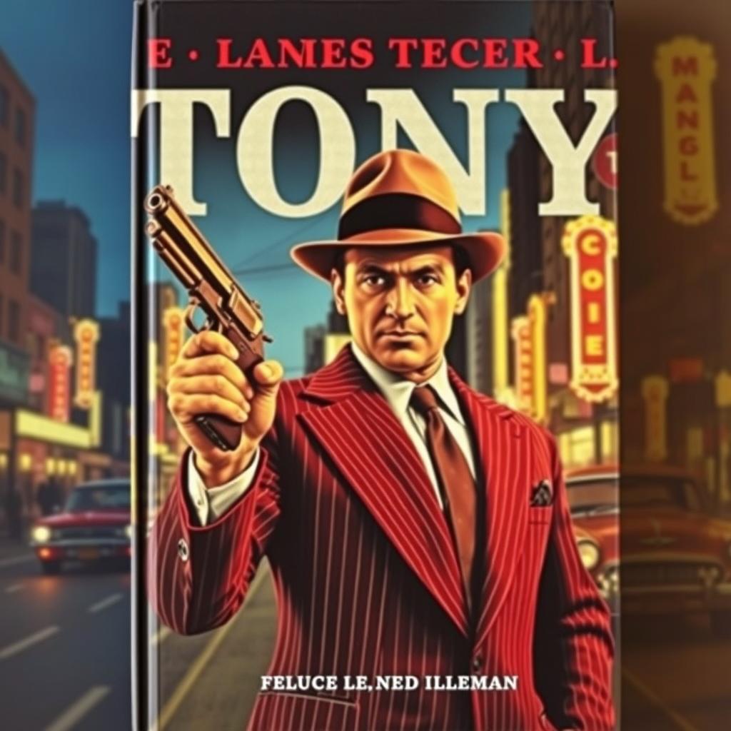 A vintage book cover featuring a 1960s gangster, named Tony, holding a vintage gun with a confident and assertive expression