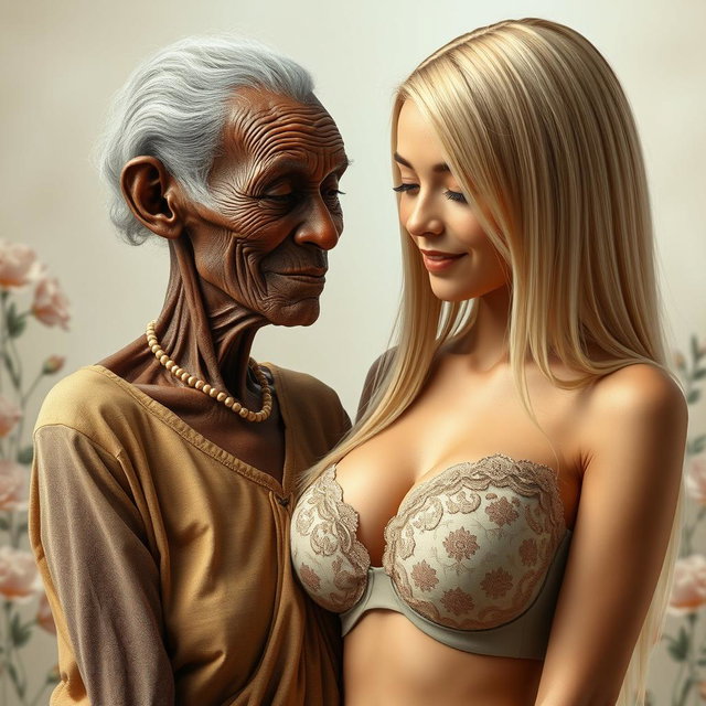 A realistic depiction of a 100-year-old unattractive, extremely thin African woman showing affection towards a young blonde woman with long, straight hair and exceptionally large breasts, complemented by a stylish bra