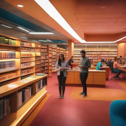 A vibrant university library interior glowing with soft, colored lights. Diverse students walk about and engross themselves in books, and a friendly receptionist offers aid from her designated workspace.