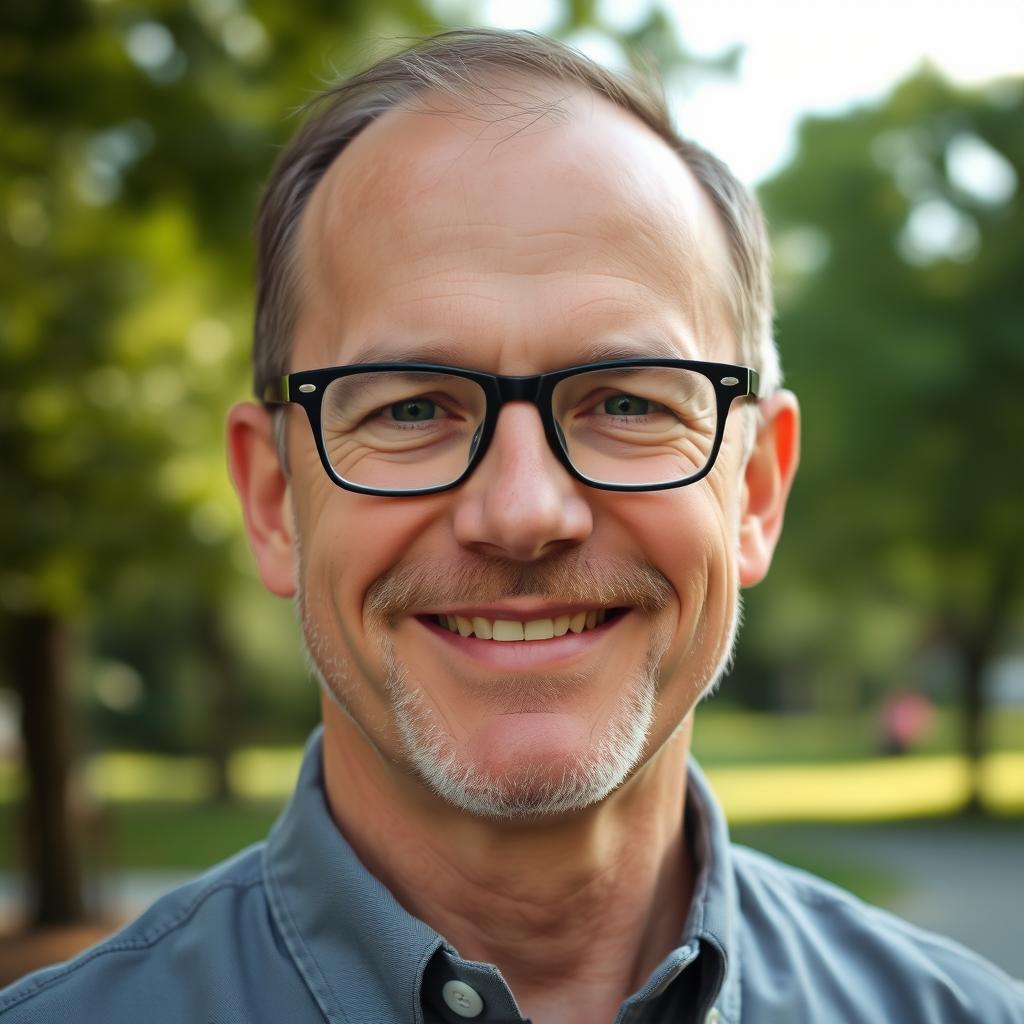 A close-up portrait of a middle-aged man with mild baldness, featuring a friendly expression