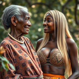 A realistic image featuring a 100-year-old African woman, characterized as unattractive and extremely thin, expressing love and affection towards a young blonde woman with long, straight hair and remarkably large breasts accentuated by a fashionable bra