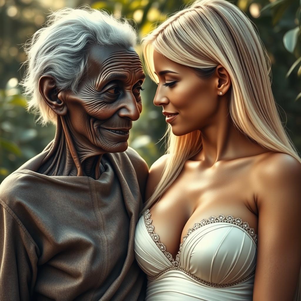 A realistic depiction of a 100-year-old African woman, perceived as unattractive and extremely thin, expressing deep affection towards a young blonde woman who possesses long, straight hair and exceptionally large breasts highlighted by an elegant bra