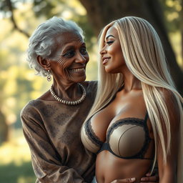 A realistic depiction of a 100-year-old African woman, described as unattractive and extremely thin, expressing love towards a stunning young blonde woman with long, straight hair and prominently large breasts accentuated by an elegant bra