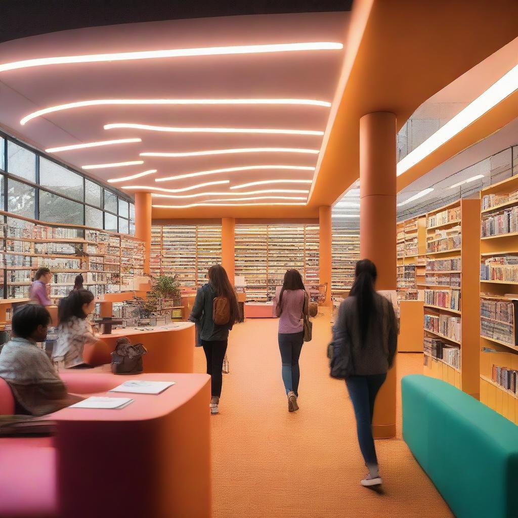 A vibrant university library interior glowing with soft, colored lights. Diverse students walk about and engross themselves in books, and a friendly receptionist offers aid from her designated workspace.